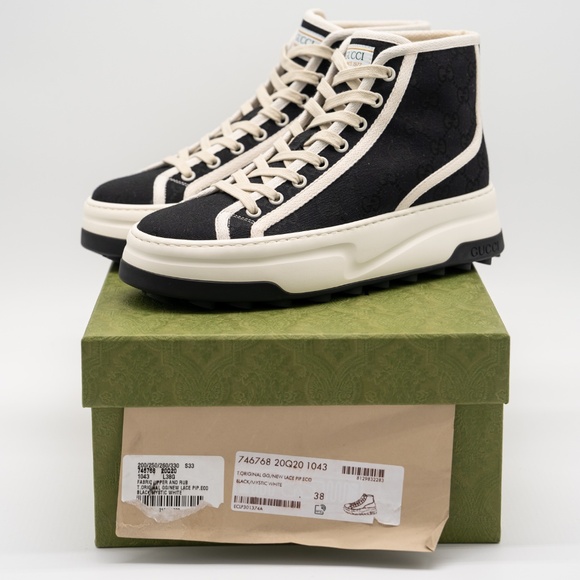 38G 8 US Gucci High Tennis 1977 Black High Top White Canvas Sneakers - Picture 10 of 11